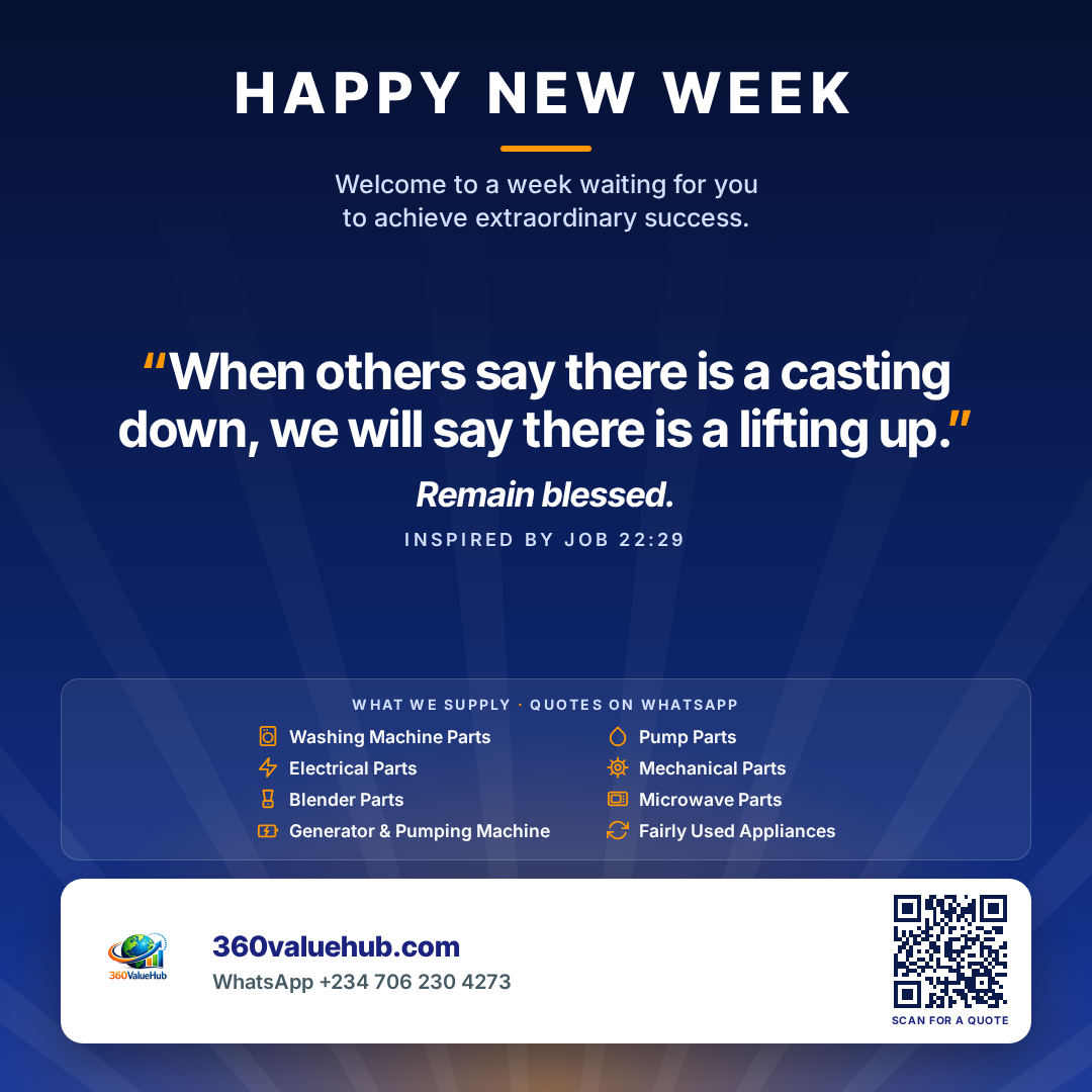 Happy New Week flyer from 360 Value Hub: When others say there is a casting down, we will say there is a lifting up. Remain blessed.